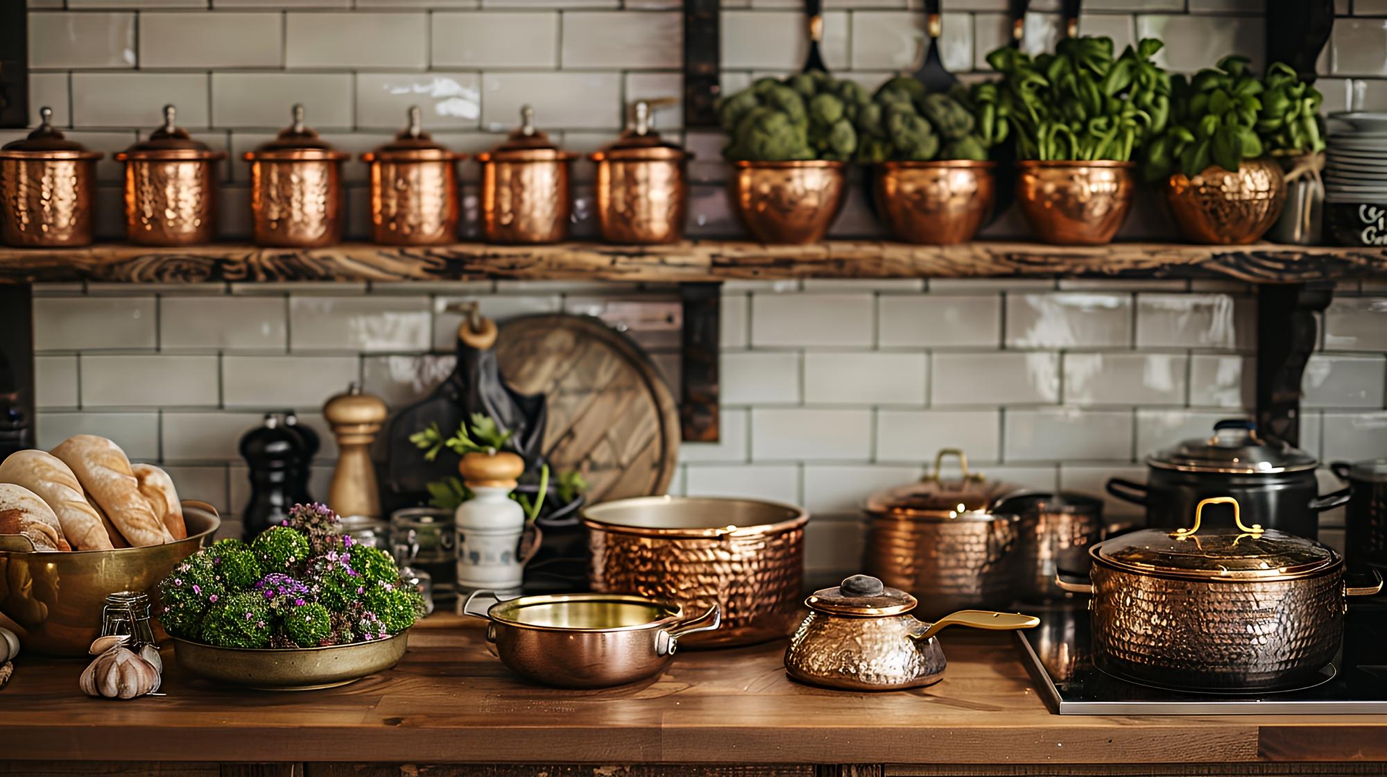 Warm kitchen interior with cookware and herbs
